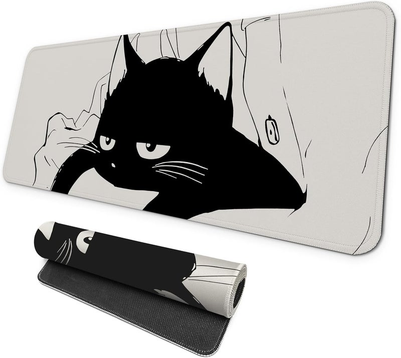 Mayflower Large Gaming Mouse Pad, Full Keyboard Mat, Long Laptop Mousepad, Computer Mouse Mat for Home and Office, Anti-Slip Rubber Base, 31.5 x 11.8 Inches (Black Cat) - Image 1